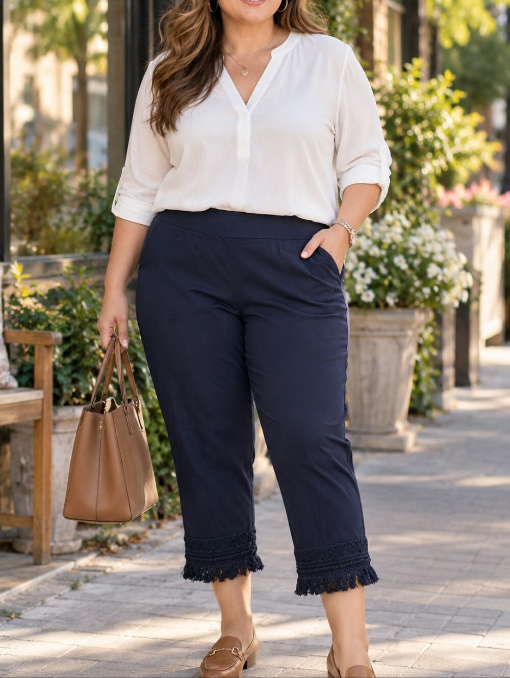 NWT Zac & Rachel Navy Cropped Fringe Hem Pull-On Pants Plus Size Stretch Office